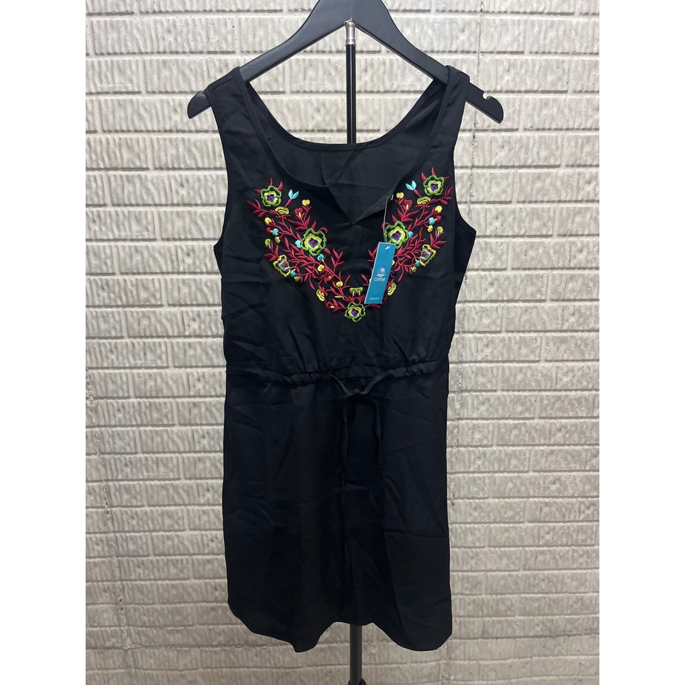 Cupshe Black Embroidered Floral Sleeveless Mini Dress Drawstring Waist Small NWT
